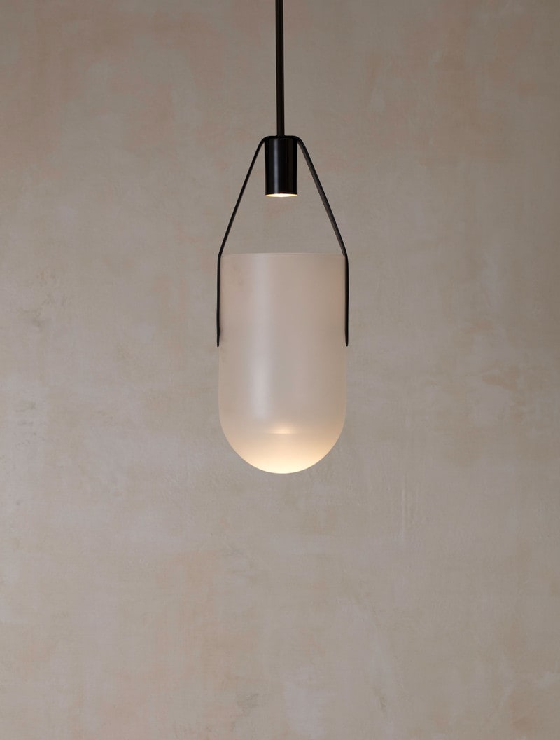 Well Pendant 14" shown in Blackened Brass, Black Leather, Frosted Glass